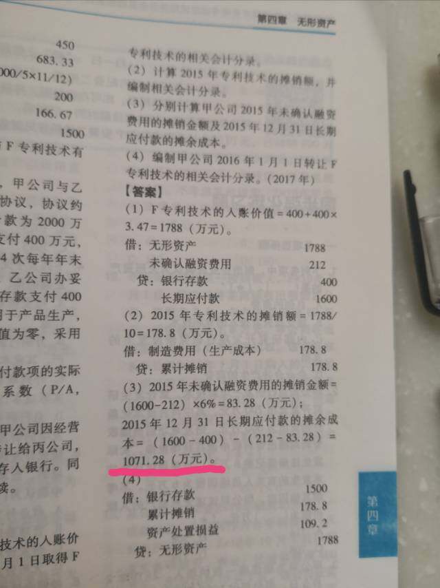 长期应付款的摊余成本＝长期应付款的账面余额-未确认融资费用的余额，2015年末长期应付款的摊余成本是1071.28，图上所示，跟1600-212对不上