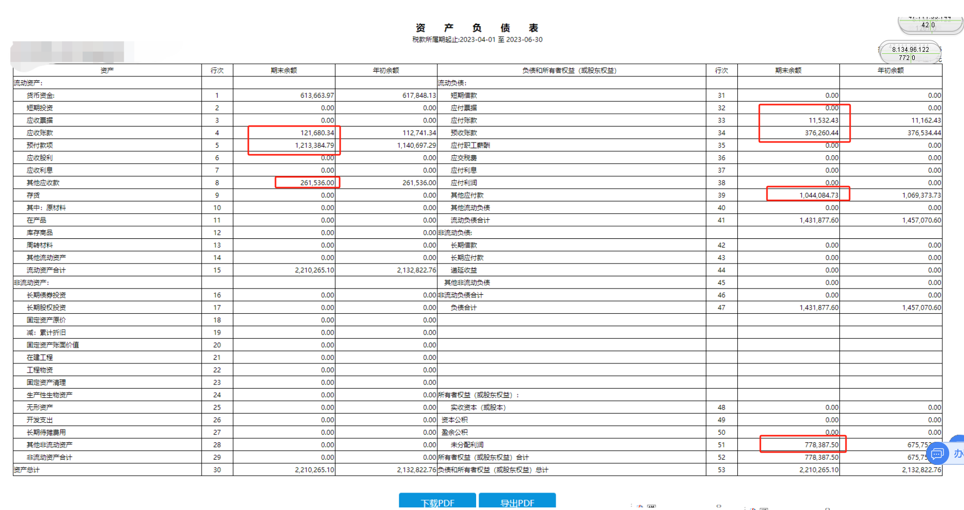 原本资产负债表数据是这样的，对方调账以后资产负债表数据就变了